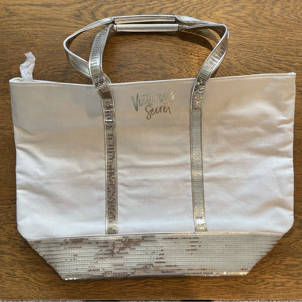 Victoria’s Secret Gold Silver Sequin Tote Bag Zipper Ivory